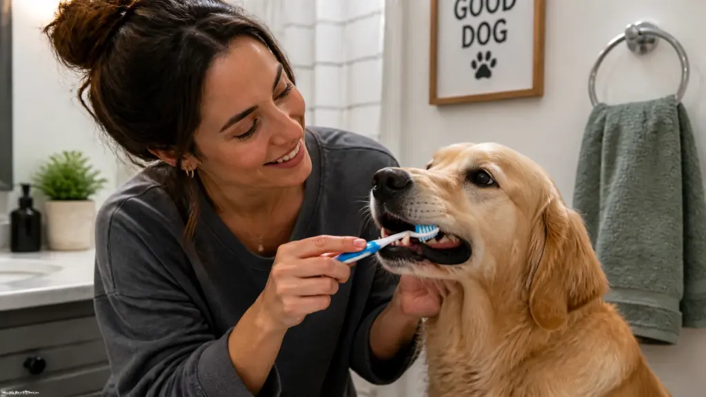 vrouw die de tanden van haar hond poetst